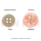 A 17mm Suspender Brace Pant Button beside a 19.05mm US penny for size comparison; coin not included.