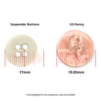 A Suspender Brace Pant Button (17mm) is shown beside a 19.05mm US penny for size comparison, with red measurement lines.