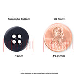 A 17mm black Suspender Brace Pant Button, perfect for military spec suspenders, shown beside a 19.05mm US penny for size reference.