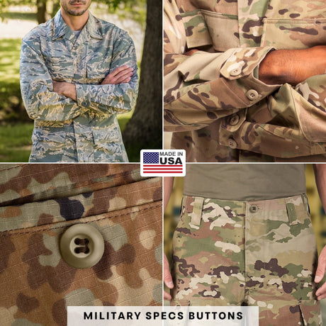 Four images of military camouflage uniforms featuring Tactical Buttons, highlighted with a Made in USA logo and the text “Military Specs Buttons.”.