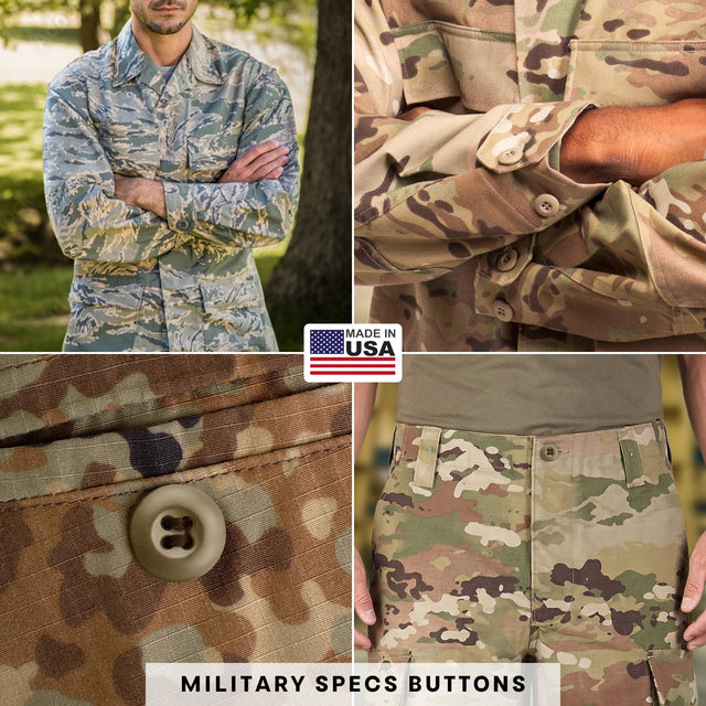 Four images of military camouflage uniforms featuring Tactical Buttons, highlighted with a Made in USA logo and the text “Military Specs Buttons.”.
