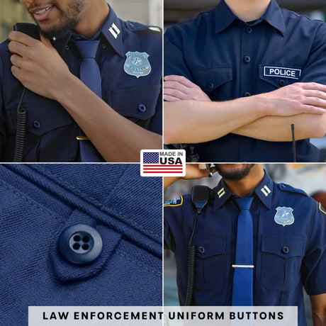 Police officers in uniform, close-up of law enforcement shirt featuring Tactical Buttons—military spec buttons—as well as badge and radio. Made in USA label.