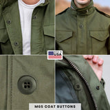 Four images show green M65 military jackets and close-ups of dark Tactical Buttons, with a Made in USA label above.