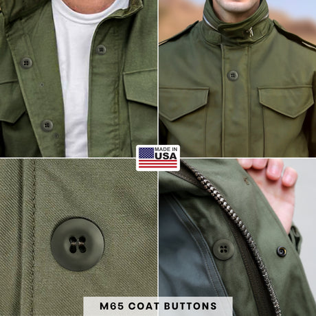 Four images show green M65 military jackets and close-ups of dark Tactical Buttons, with a Made in USA label above.