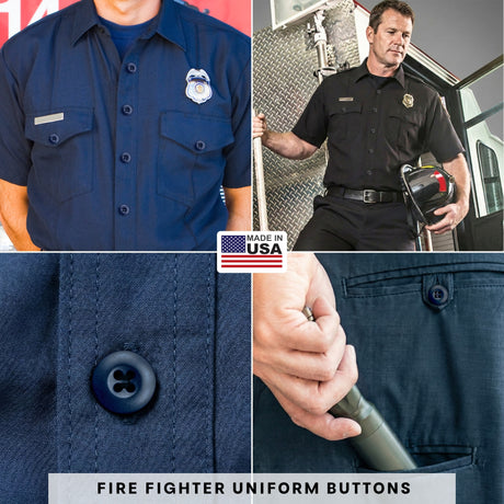 Firefighter uniform shirts featuring Tactical Buttons, badge, and pockets; close-up of a Tactical Button and a hand in the pocket.