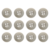 Twelve gray Tactical Buttons with four holes, made of melamine and arranged in a neat grid on a white background.