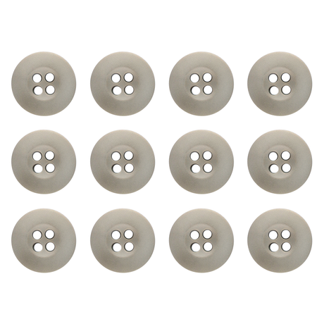 Twelve gray Tactical Buttons with four holes, made of melamine and arranged in a neat grid on a white background.