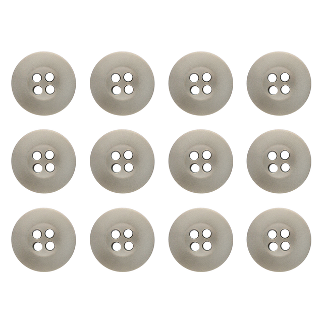 Twelve gray Tactical Buttons with four holes, made of melamine and arranged in a neat grid on a white background.