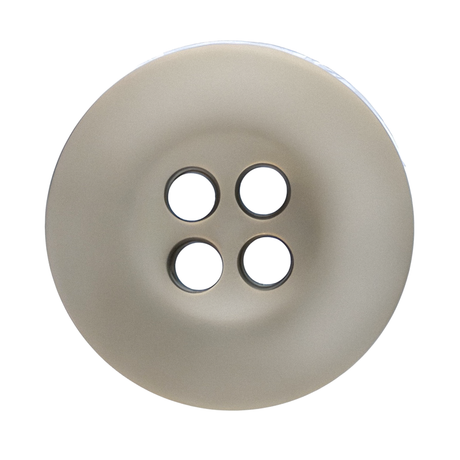 Tactical Buttons: Beige, four-hole melamine buttons, top view on white. Perfect as tactical uniform fasteners or military spec buttons.