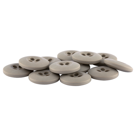 A stack of Tactical Buttons—round, flat, light gray melamine buttons with two holes each—arranged on a white background.