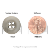 A Tactical Button (19mm melamine) next to a US penny (19.05mm) for size comparison; both displayed with measurement lines.