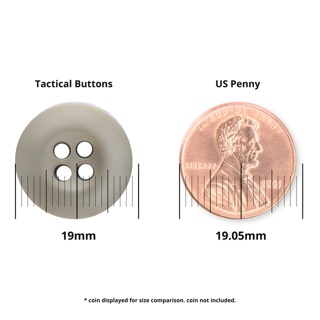 A Tactical Button (19mm melamine) next to a US penny (19.05mm) for size comparison; both displayed with measurement lines.