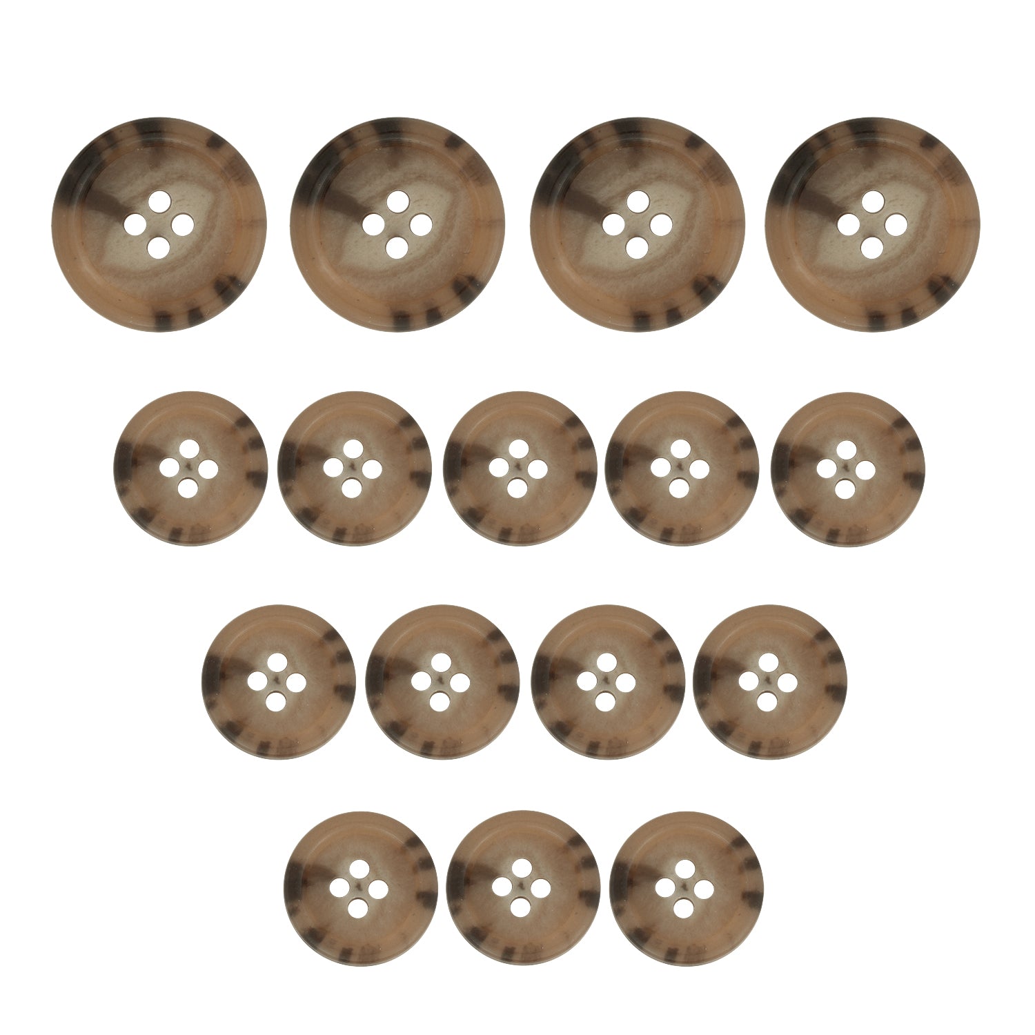 Fourteen Regular Suit Buttons, brown and round with four holes, are arranged in a heart shape on a white background.