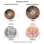 Regular Suit Buttons set includes four black buttons (for jacket, sleeve, and pants) alongside a dime and penny for size comparison—ideal for identifying sizes or finding replacements.