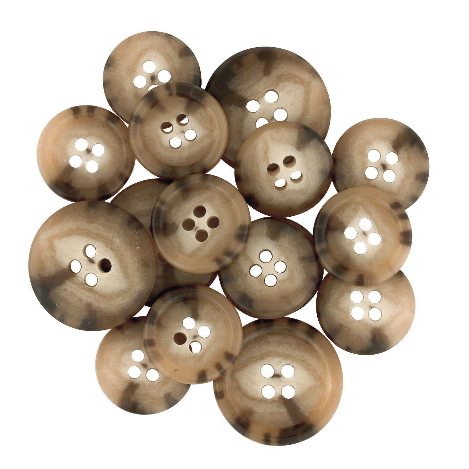 A cluster of brown, marbled Regular Suit Buttons with four holes is displayed on a white background—ideal replacements for your favorite jacket.