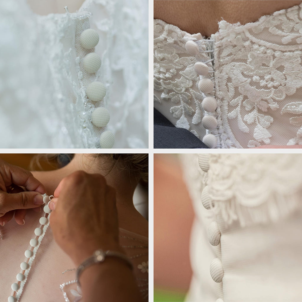 Close-up collage of hands fastening elegant Taffeta Bridal Buttons and detailed wedding dress buttons on a white lace gown.