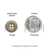 The Uniform Shirt Buttons, measuring 13 mm in white, are ideal as replacement buttons or for uniform shirts. Shown beside a 17.91 mm US dime for size comparison (coin not included).