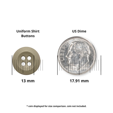 The Uniform Shirt Buttons, measuring 13 mm in white, are ideal as replacement buttons or for uniform shirts. Shown beside a 17.91 mm US dime for size comparison (coin not included).