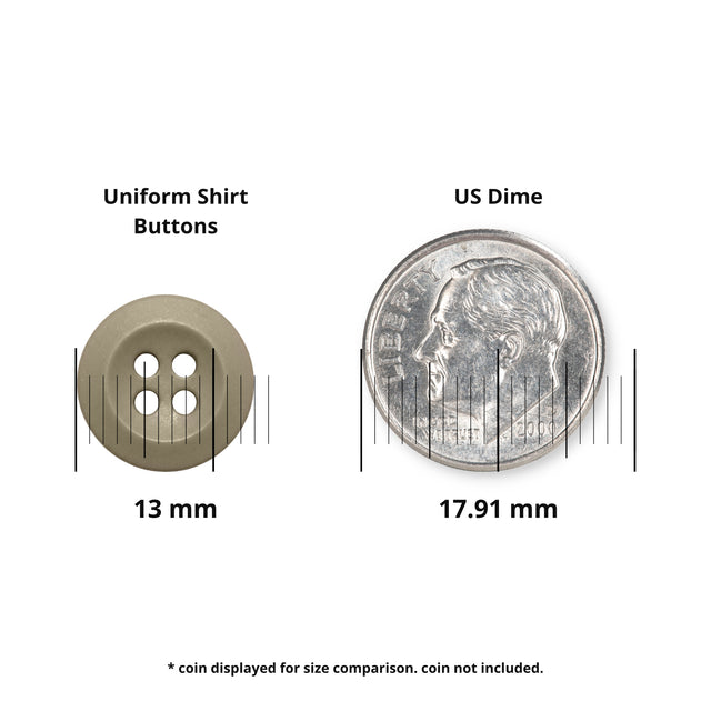 The Uniform Shirt Buttons, measuring 13 mm in white, are ideal as replacement buttons or for uniform shirts. Shown beside a 17.91 mm US dime for size comparison (coin not included).