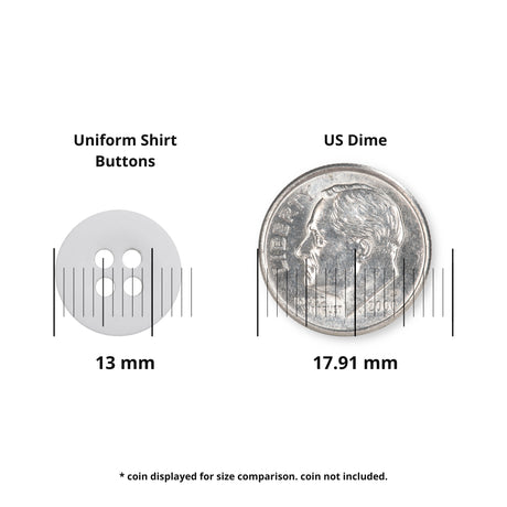 A 13 mm Uniform Shirt Button in white, ideal as a replacement button, is shown next to a 17.91 mm US dime for size comparison.