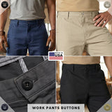 Four men wear various work pants, each showcasing the industrial-strength waistband button from the Work Pants Buttons 22 Pack, proudly featuring a Made in USA label.