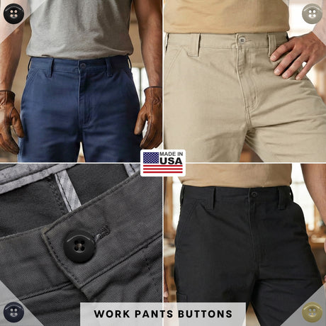 Four men wear various work pants, each showcasing the industrial-strength waistband button from the Work Pants Buttons 22 Pack, proudly featuring a Made in USA label.