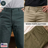 Three colors of industrial-strength “Work Pants Buttons 22 Pack” are shown in green, tan, and olive. Proudly made in the USA.