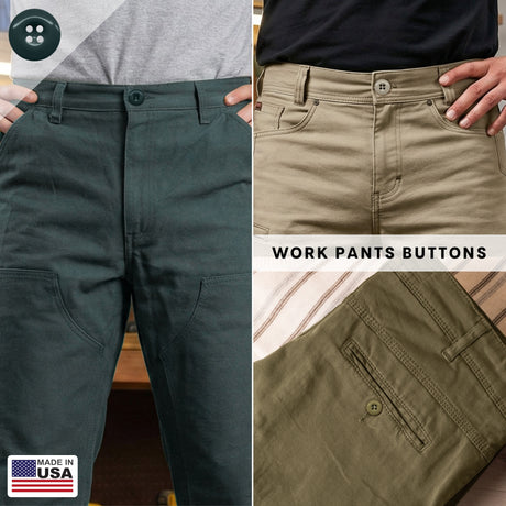 Three colors of industrial-strength “Work Pants Buttons 22 Pack” are shown in green, tan, and olive. Proudly made in the USA.