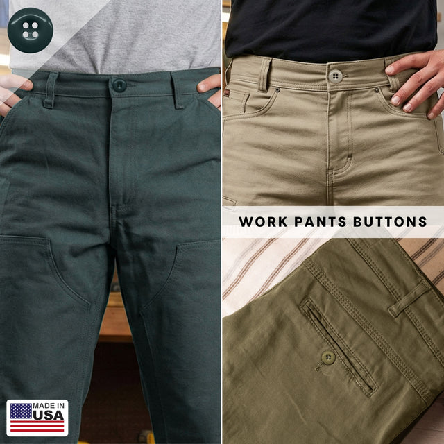 Three colors of industrial-strength “Work Pants Buttons 22 Pack” are shown in green, tan, and olive. Proudly made in the USA.
