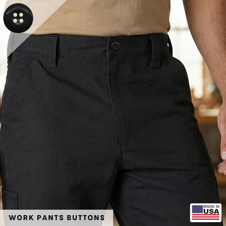 A person wears durable black pants secured with industrial-strength buttons from the Work Pants Buttons 22 Pack, a beige shirt, and a “Made in USA” label displayed in the bottom right corner.