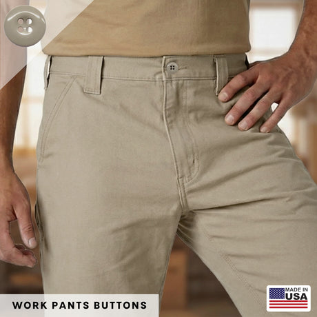 A person wearing beige work pants stands with hand on hip. Text: Work Pants Buttons 22 Pack. Featuring military-grade fasteners for lasting durability. Made in USA label in corner.