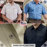 Four men’s work shirts in different colors, each featuring buttons from the Work Shirt Buttons 22 Pack, are arranged in a grid. Made in USA label.