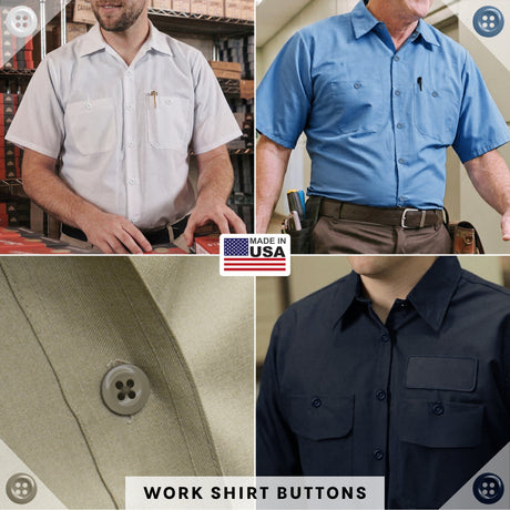 Four men’s work shirts in different colors, each featuring buttons from the Work Shirt Buttons 22 Pack, are arranged in a grid. Made in USA label.