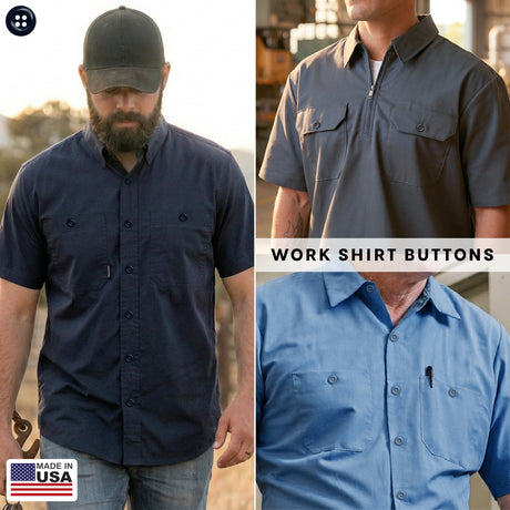 Three men wear different styles of blue and grey button-up work shirts, each featuring sturdy Work Shirt Buttons 22 Pack.