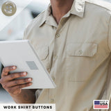 A man in a khaki work shirt holds a tablet, with on-screen text reading: “Work Shirt Buttons 22 Pack – Made in USA, Military Spec Industrial Work Shirt Buttons.”.