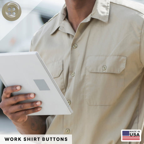 A man in a khaki work shirt holds a tablet, with on-screen text reading: “Work Shirt Buttons 22 Pack – Made in USA, Military Spec Industrial Work Shirt Buttons.”.