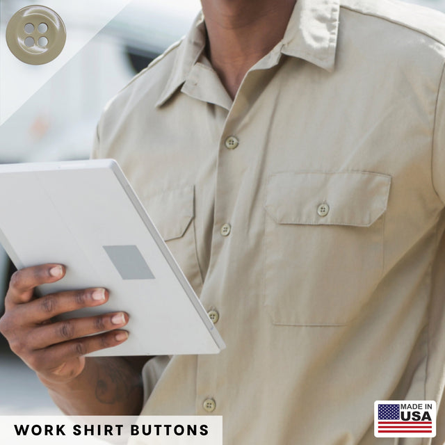 A man in a khaki work shirt holds a tablet, with on-screen text reading: “Work Shirt Buttons 22 Pack – Made in USA, Military Spec Industrial Work Shirt Buttons.”.