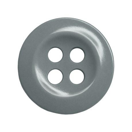 A gray, four-hole button from the Work Shirt Buttons 12 Pack is shown from above on a white background, perfect as a durable replacement for industrial work shirts.