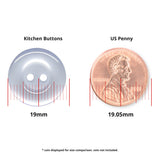 A 19mm Commercial Food Service Button, perfect for uniforms, is shown beside a US penny (19.05mm) for size comparison.