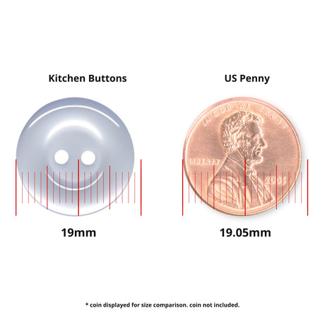 A 19mm Commercial Food Service Button, perfect for uniforms, is shown beside a US penny (19.05mm) for size comparison.