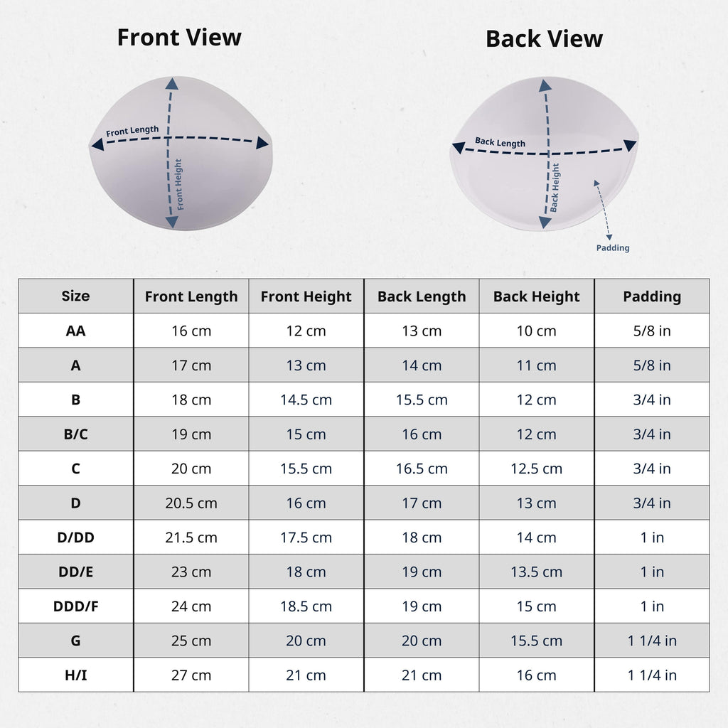 Size chart and measurement guide for Padded Bra Cup Inserts, featuring front and back views with labeled dimensions—ideal for selecting the right bra padding enhancers.