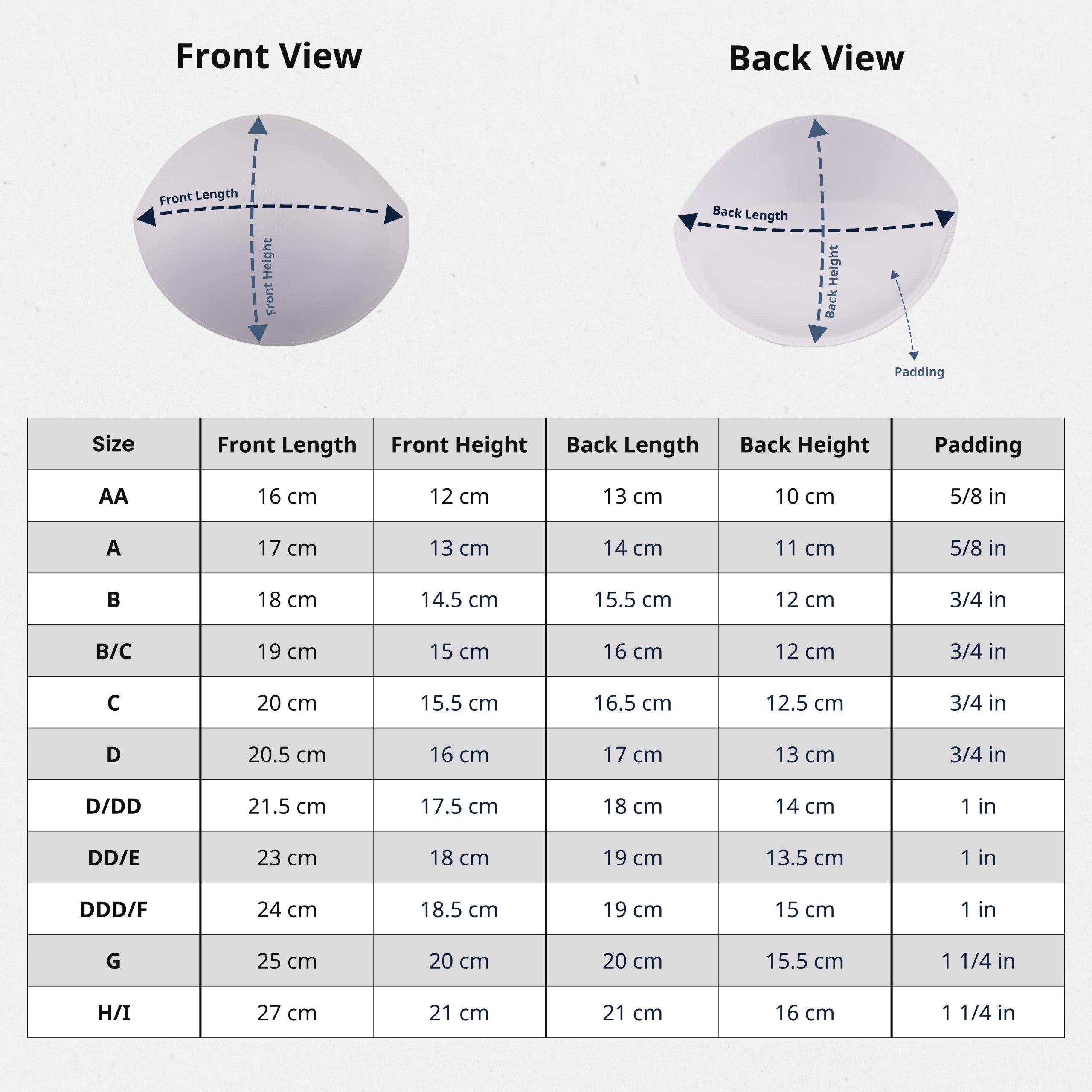 Size chart and measurement guide for Padded Bra Cup Inserts, featuring front and back views with labeled dimensions—ideal for selecting the right bra padding enhancers.