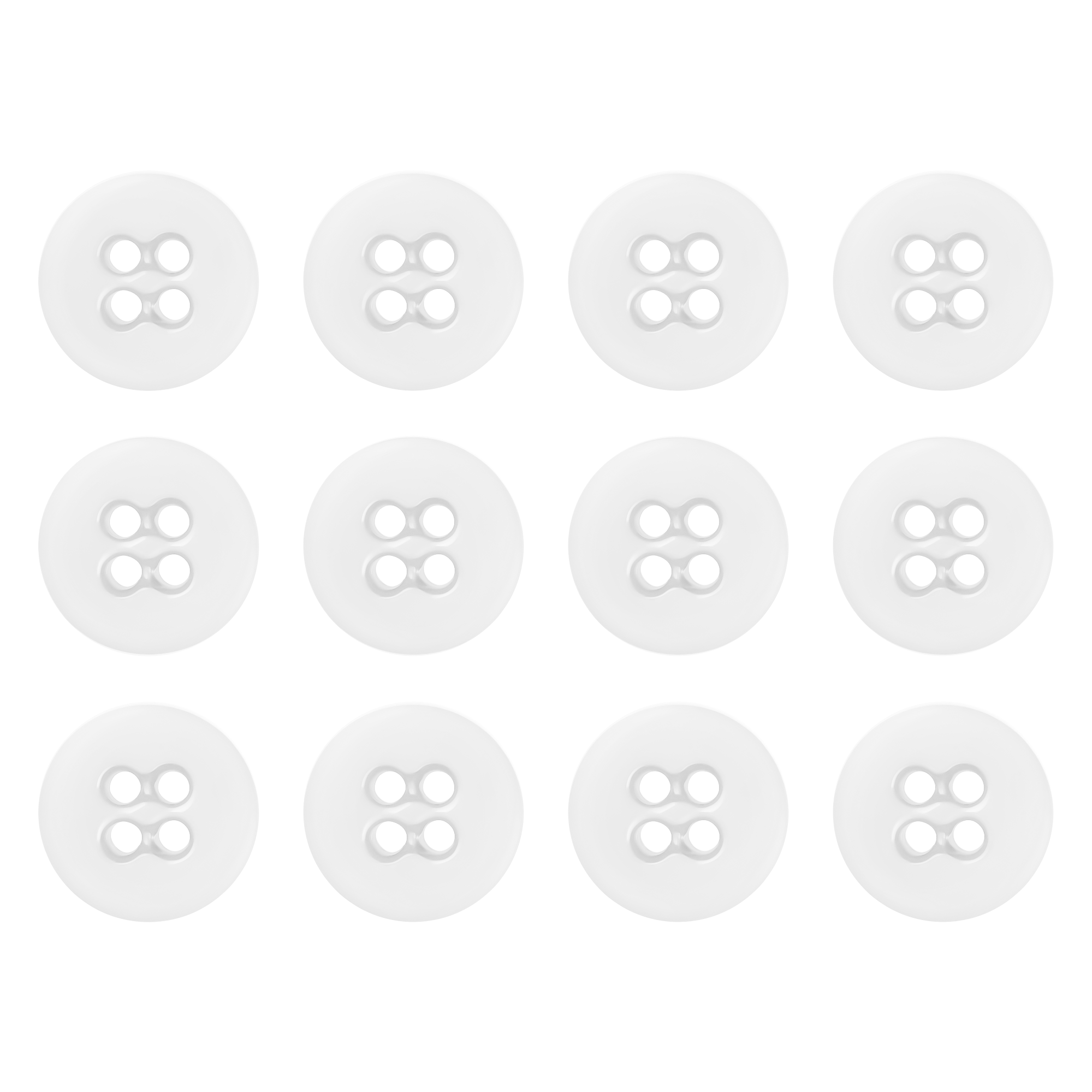 Twelve white Suspender Brace Pant Buttons, each with four holes, are arranged in three rows of four on a white background.