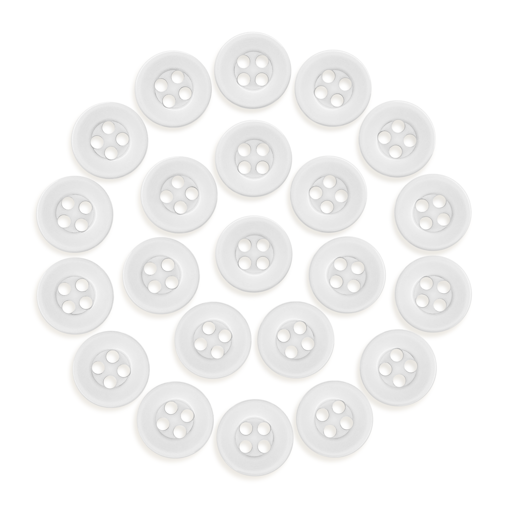 Twenty-four Workshop Uniform Shirt Buttons made of durable nylon, each with four holes, are arranged in a circular pattern on a white background.