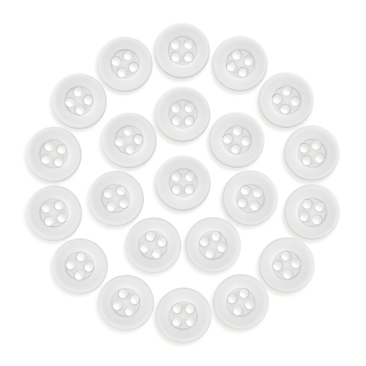 Twenty-four Workshop Uniform Shirt Buttons made of durable nylon, each with four holes, are arranged in a circular pattern on a white background.