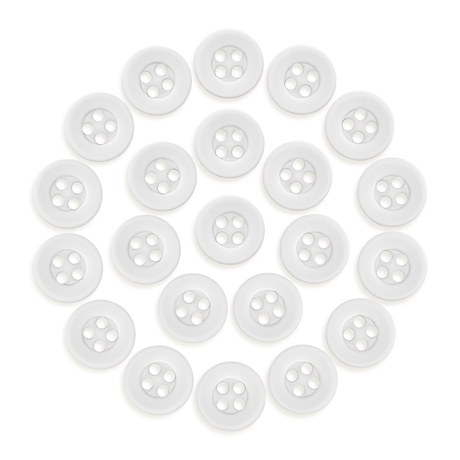 Twenty-four Workshop Uniform Shirt Buttons made of durable nylon, each with four holes, are arranged in a circular pattern on a white background.
