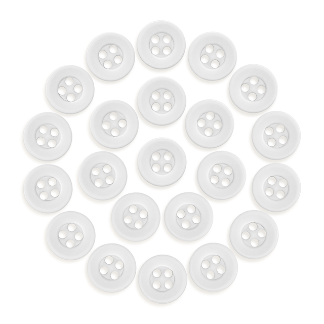 Twenty-four Workshop Uniform Shirt Buttons made of durable nylon, each with four holes, are arranged in a circular pattern on a white background.