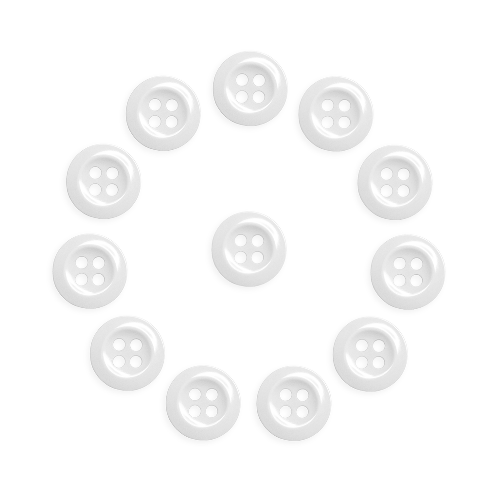 Twelve Work Shirt Buttons (12 Pack), white military spec, arranged in a circle around one central button on a white background.