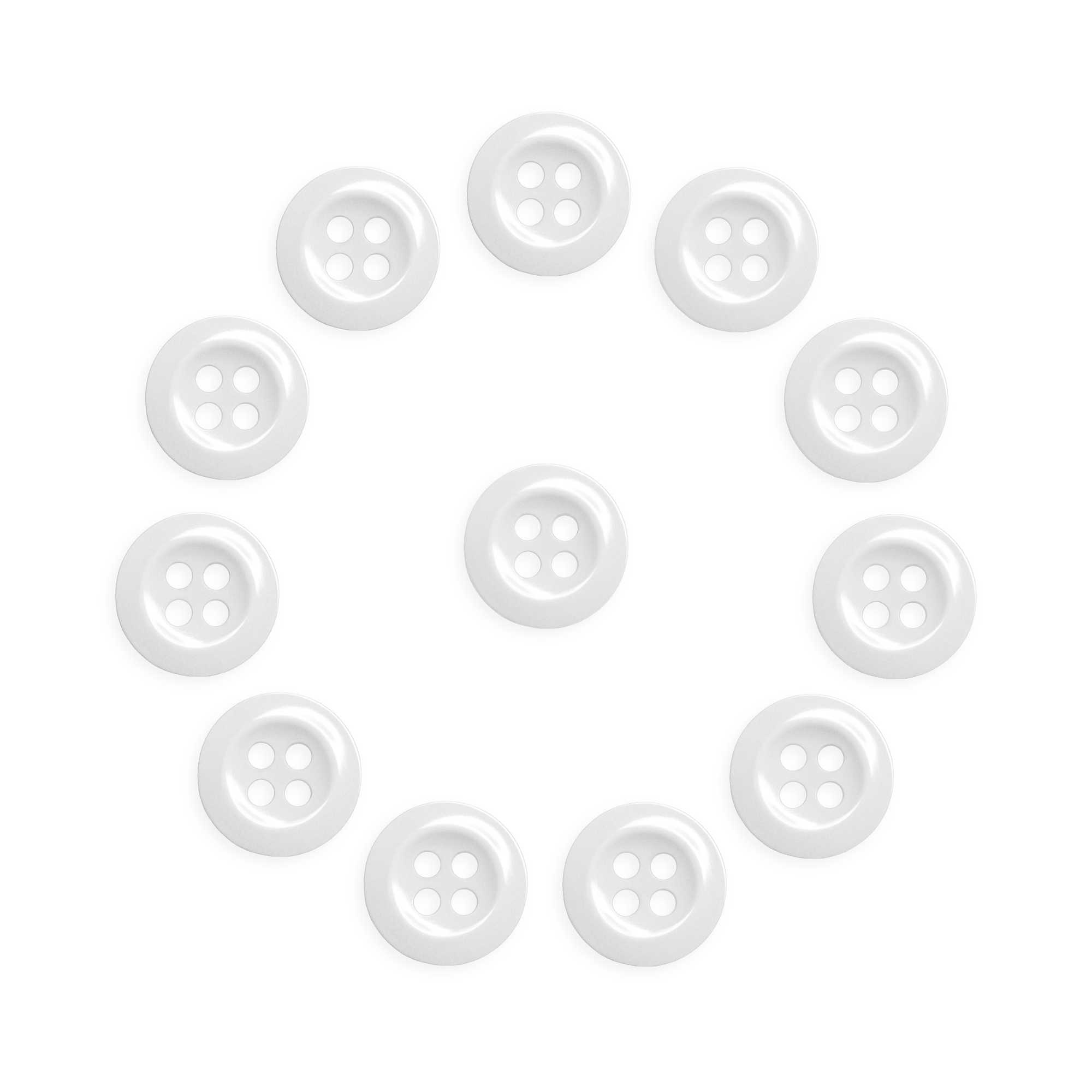 Twelve Work Shirt Buttons (12 Pack), white military spec, arranged in a circle around one central button on a white background.