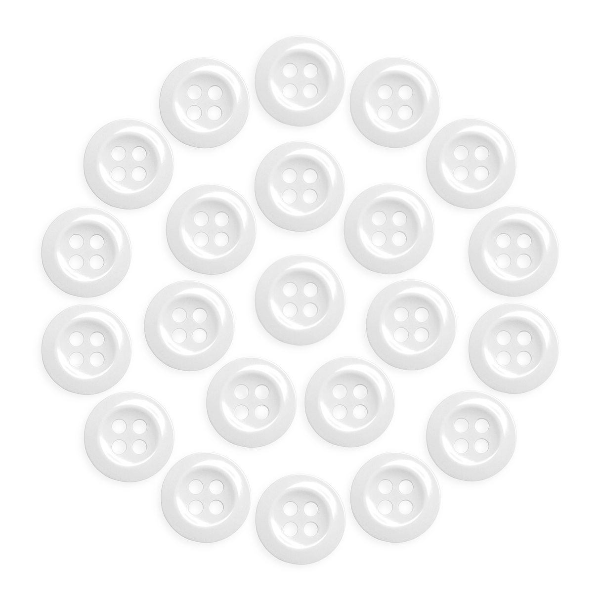 Twenty-four Work Shirt Buttons with four holes, military spec, white color, arranged in a circular pattern on a white background.